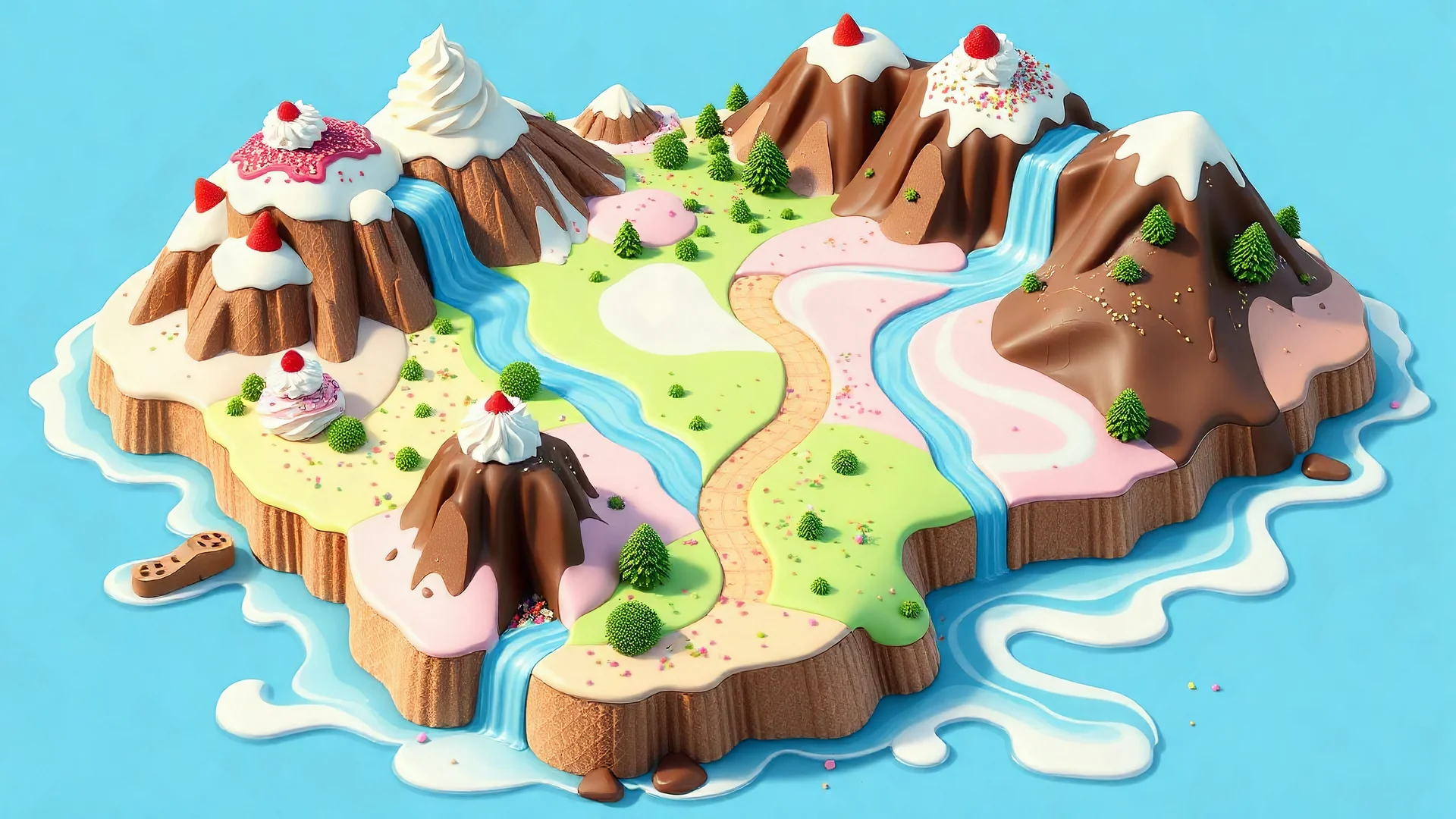 Crea una isla mágica de helado al estilo Pixar, ocupando el 98% de la imagen, con fondo transparente o azul. La isla combina sabores: colinas suaves de helado de vainilla, montañas de chocolate, y cascadas de helado fundido que alimentan ríos cremosos. Superficies coloridas de helado de fresa, pistacho y menta decoran el paisaje con detalles de crema batida y chispas brillantes. Un camino en forma de S cruza la isla, rodeado por riachuelos de helado derretido. Un mundo dulce y vibrante.