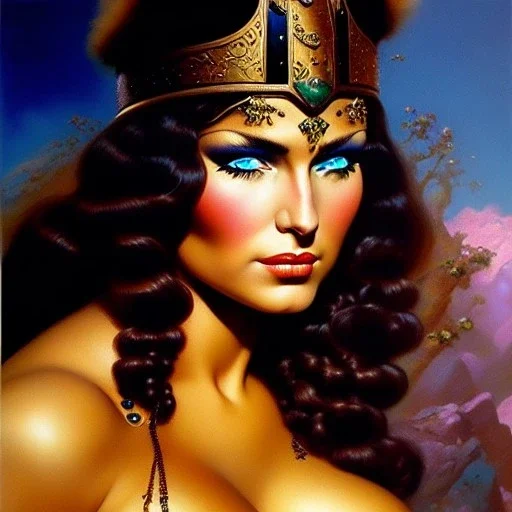 portrait oil on canvas, beautiful busty female Barbarian Warrior,green eyes, ,minimal armor,comic book cover, mystical colors,insanely detailed,realistic,intrincate detail, 16k resolution, masterpiece,Frank Frazetta,Alex Horley, Simon Bisley