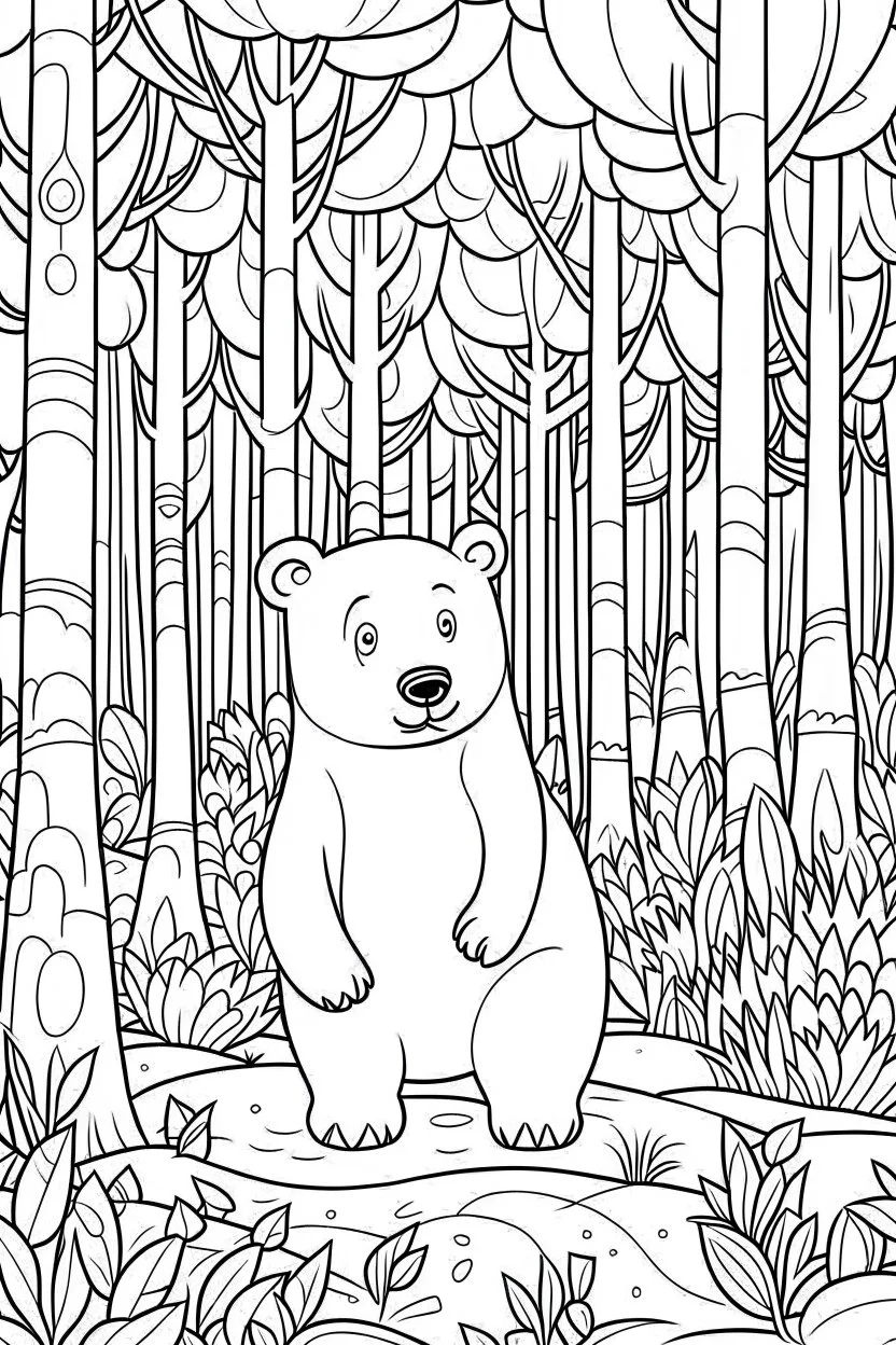 coloring page, bear in the woods, cartoon style, thick lines, low detail, no shading