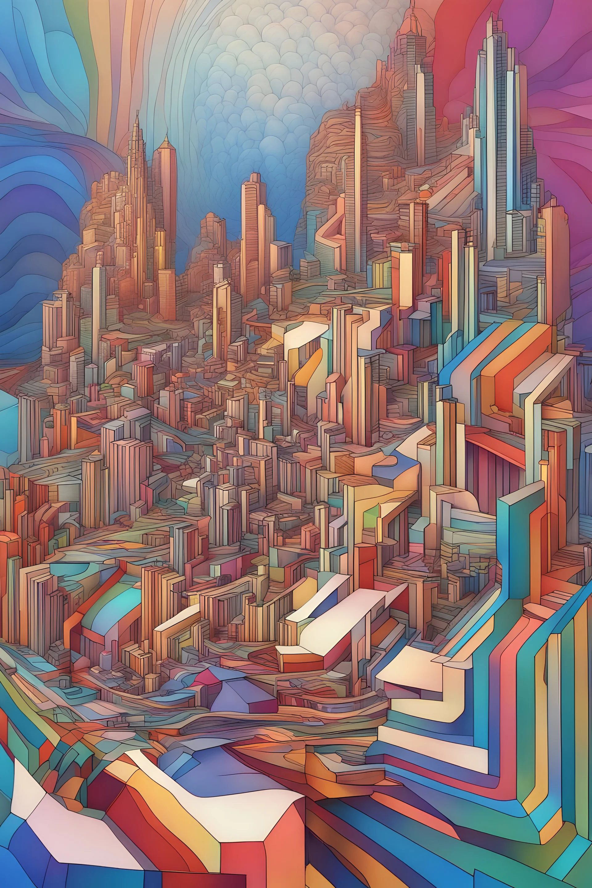 3d hd whimsical stylized surreal fractal recrusive colorful thin lines of all colors draw a dynamic city masterpiece