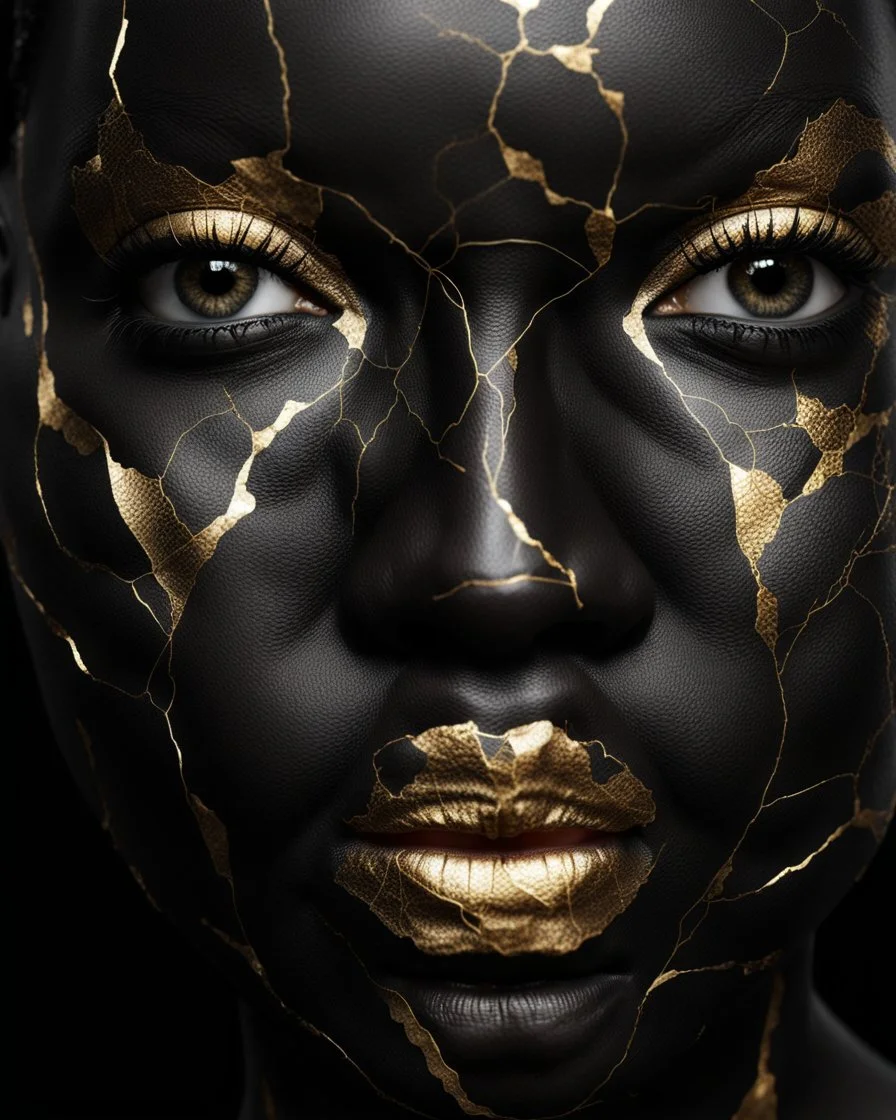 a beautiful black woman face made of kintsugi seam, photo realistic, 16K