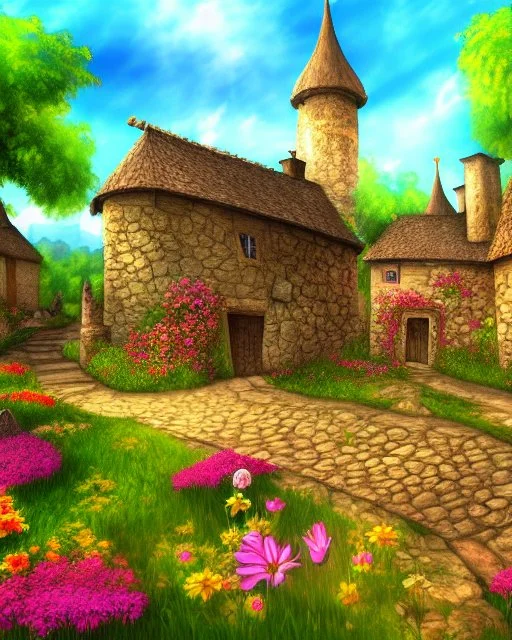 medieval fantasy village with flowers rpg art painterly