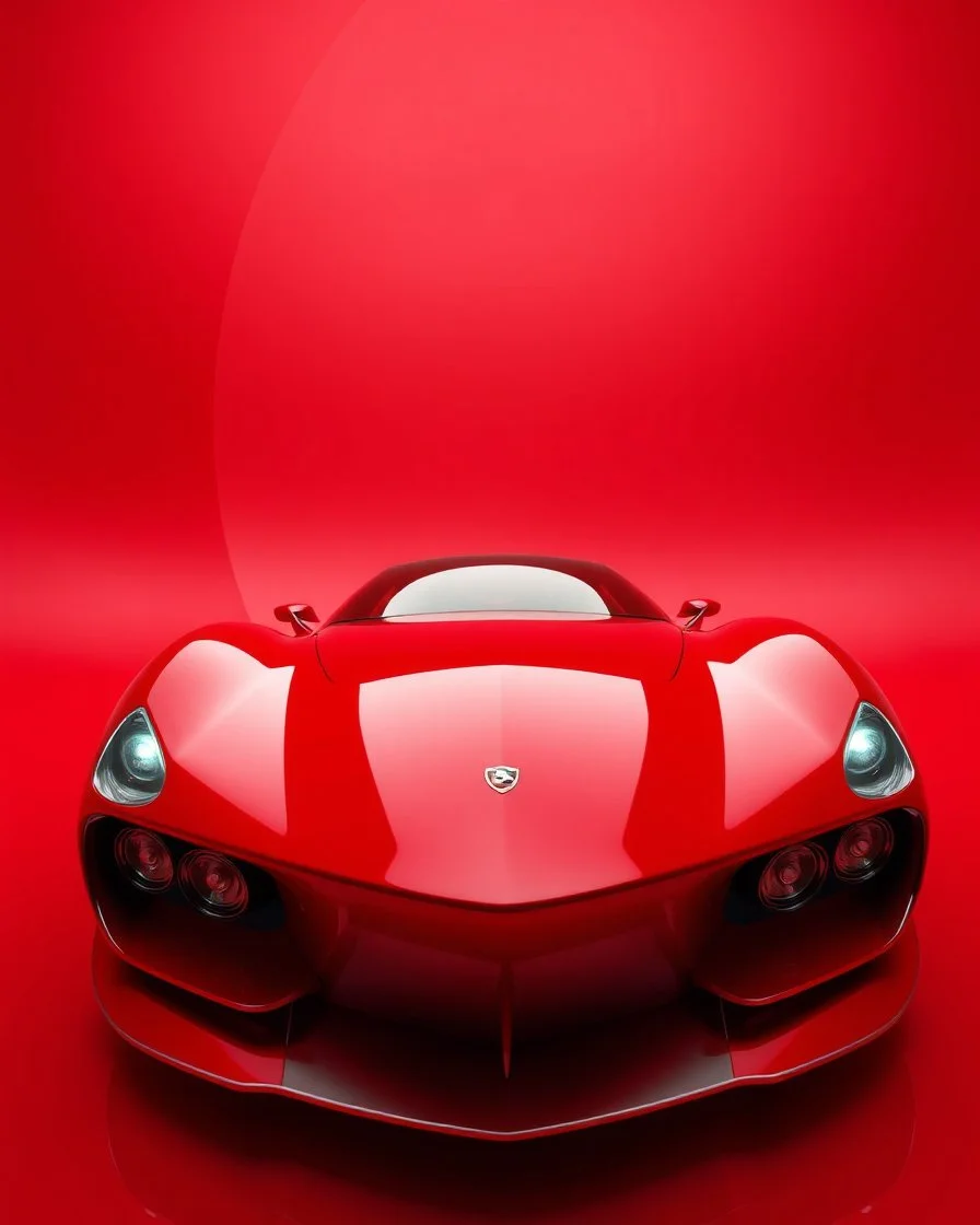 low view angle shot down from upper left front and showing the full vehicle, a 60s futuristic prototype muscle car, large close up a beautiful look up modern is decorated with red abstract, all red background, fisheye lense, vray, raytracing