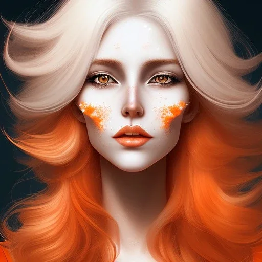 fantasy setting, woman, orange and white hair, wavy hair, ranger, more orange hair, more white hair, 25 years old, freckles