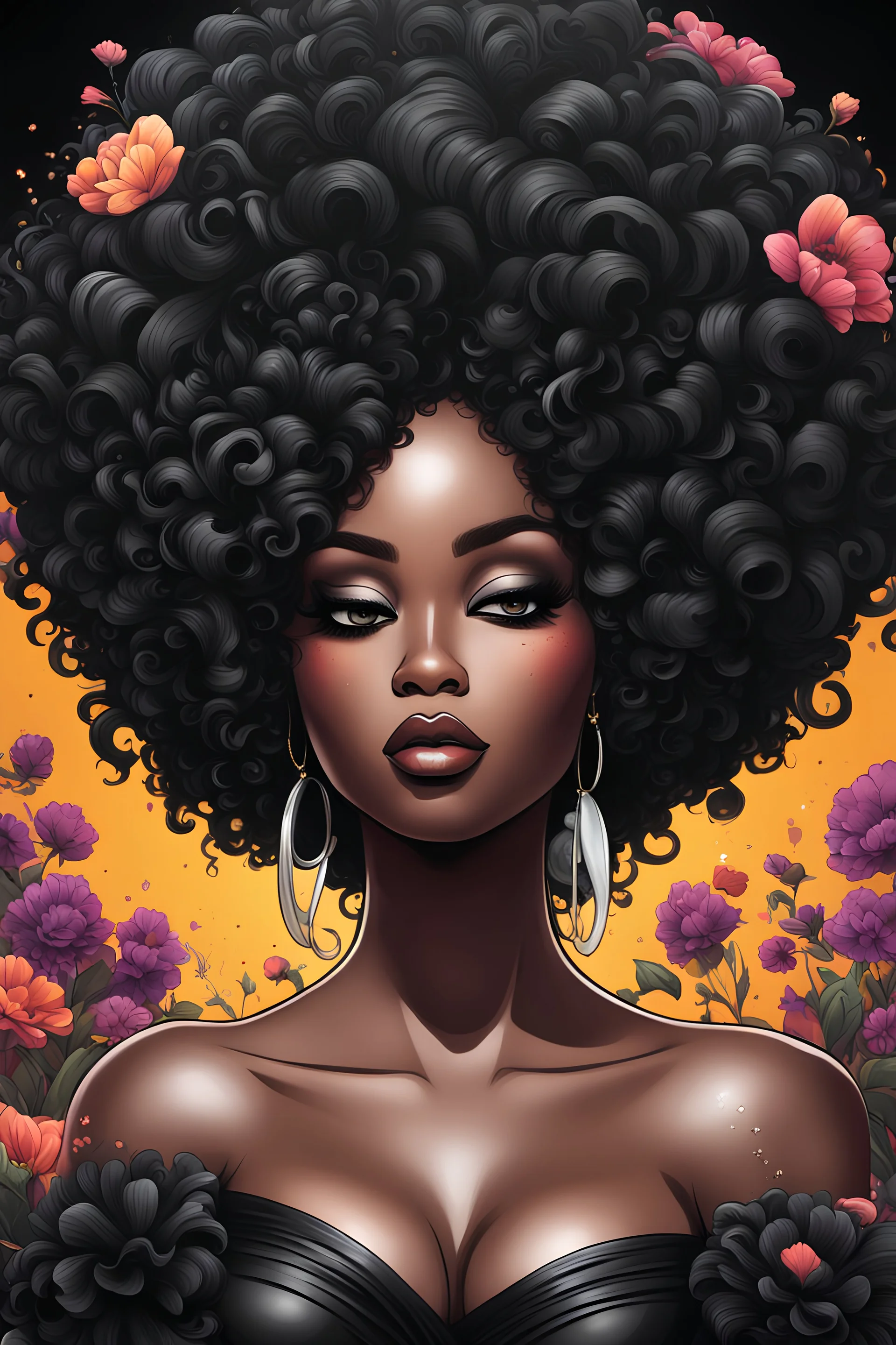Create an graffiti cartoon art image of a curvy black female wearing a black off the shoulder blouse and she is looking down with Prominent makeup. Highly detailed tightly curly black afro. Background of large black flowers surrounding her