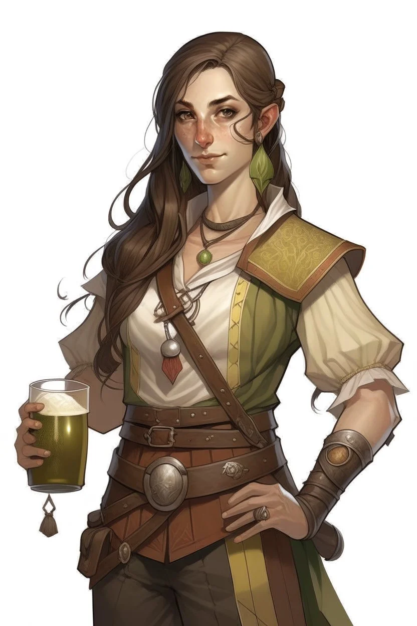 old tall broad female half elf tavern owner fighter with brown hair dnd