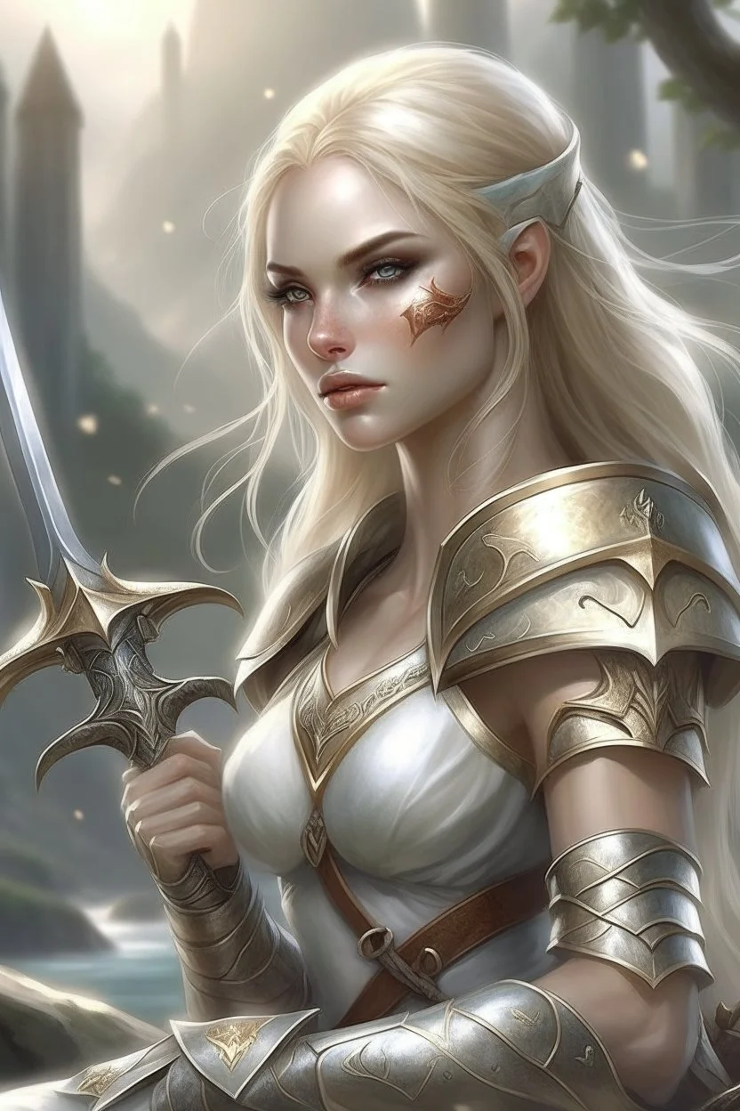 pretty woman, warrior, elf, blonde hair, fantasy, Skyrim, conventionally attractive, fighter, sword, elder scrolls, young, maternal,