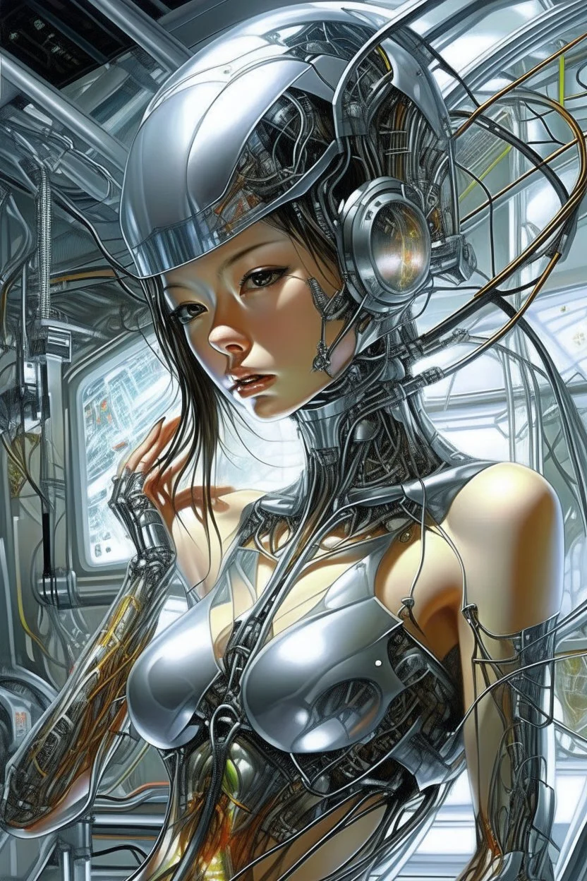 A digital painting by Hajime Sorayama of tech beautiful cyborg girl inside a futuristic matrix.