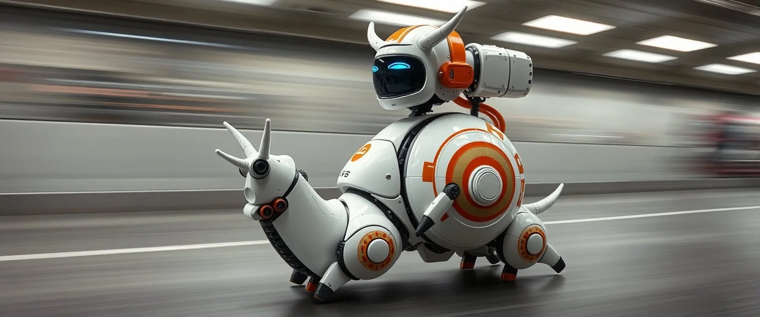 blind contour robot snail cow like space ship massage master guru fast moving motion blur background