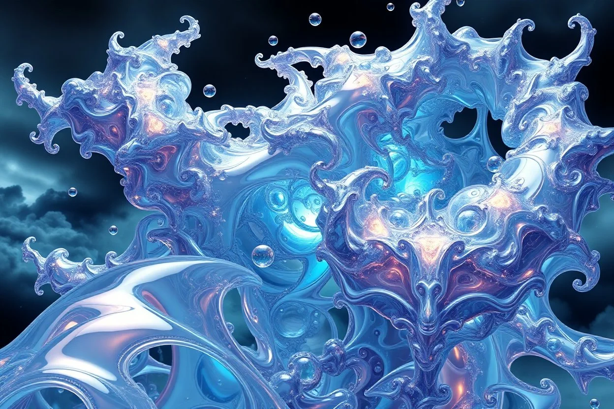 Dynamic complex hypnotic fractal 3D structures twisting and morphing between organic and geometric forms with some sort of Symmetry, smooth translucent iridescent glass with inner glow and bubbles, varied transparent materials, stormy skies, intense dramatic