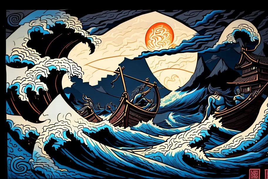 digital painting of the odyssey quest with the mythos by homer, in the style of hokusai