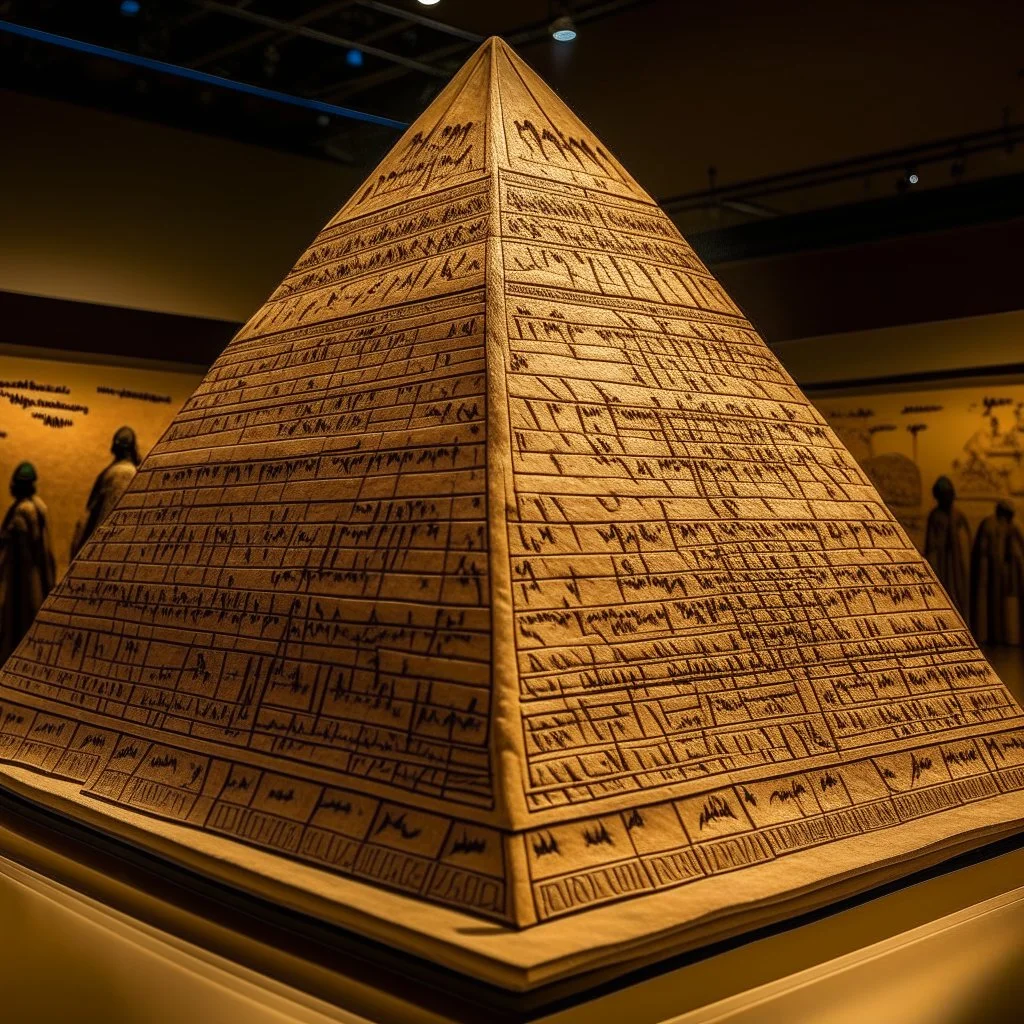 A tan pyramid with hieroglyphics designed in Bayeux tapestry painted by Leonardo da Vinci