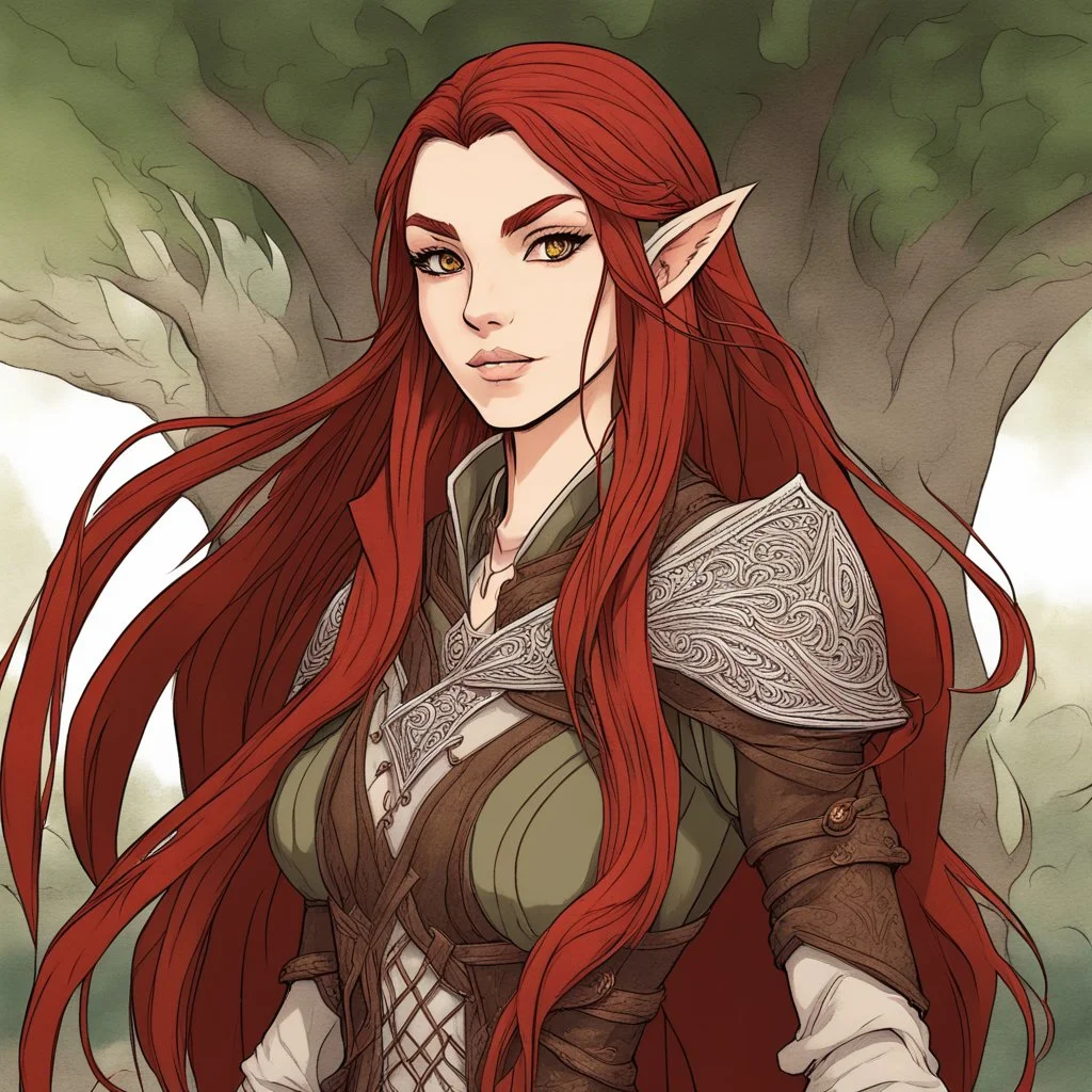 A confident high elven woman adventurer with long brown hair and red eyes, colored manga style, fantasy setting, intricately detailed