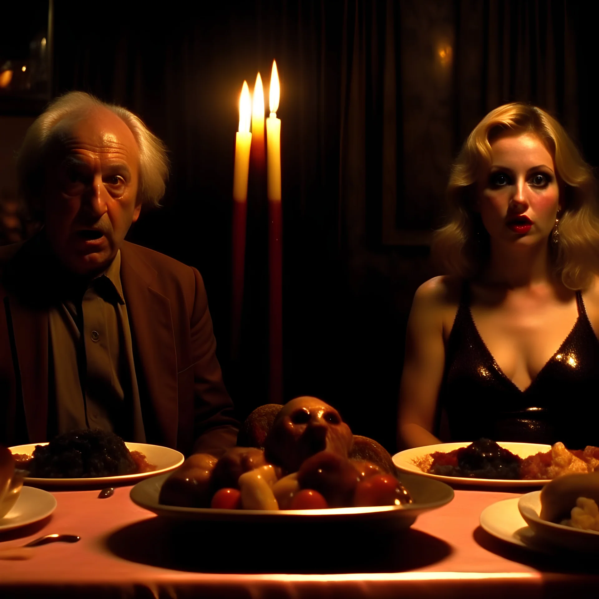 Spooky, ultra realistic, distress, full body dining, ultra realistic hot woman, pieces of meat, creepy, organic ail dynamic, anguish, excited and lively scene, hypermaximalist figures, creepy, Alfred Hitchcock, Sam Raimi, sinister, John Carpenter, Dario Argento, ornate