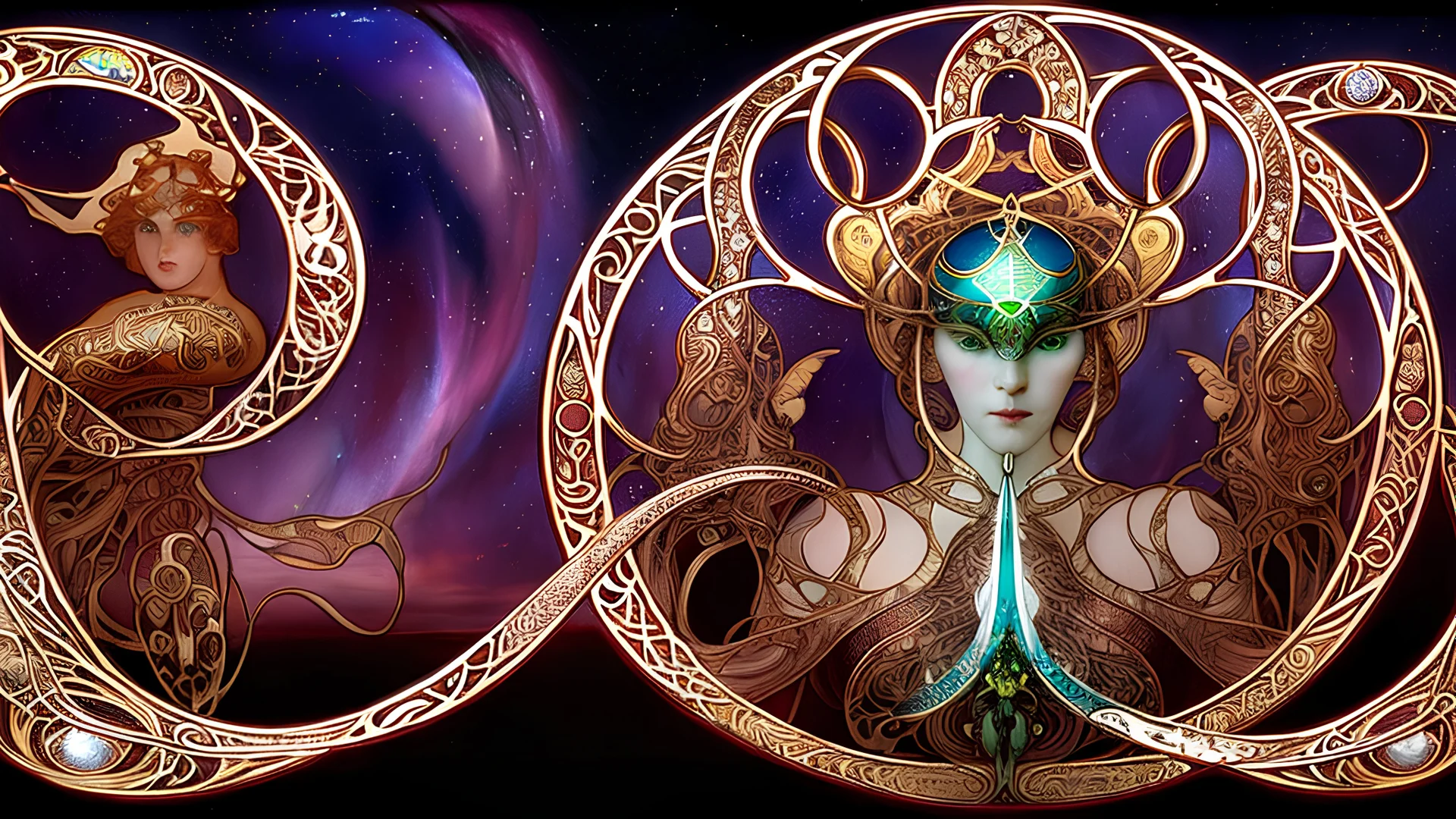 art by Alfons Mucha and Patrick Woodroffe, stained glass motif, bilateral symmetry, Ouroboros, infinity symbol, mystical, mechanistic, metaphysical, serpentine, cosmic, nebula, HD 4K, sharp detail, photo-realistic, octane rendering, award winning photography, cinematic lighting