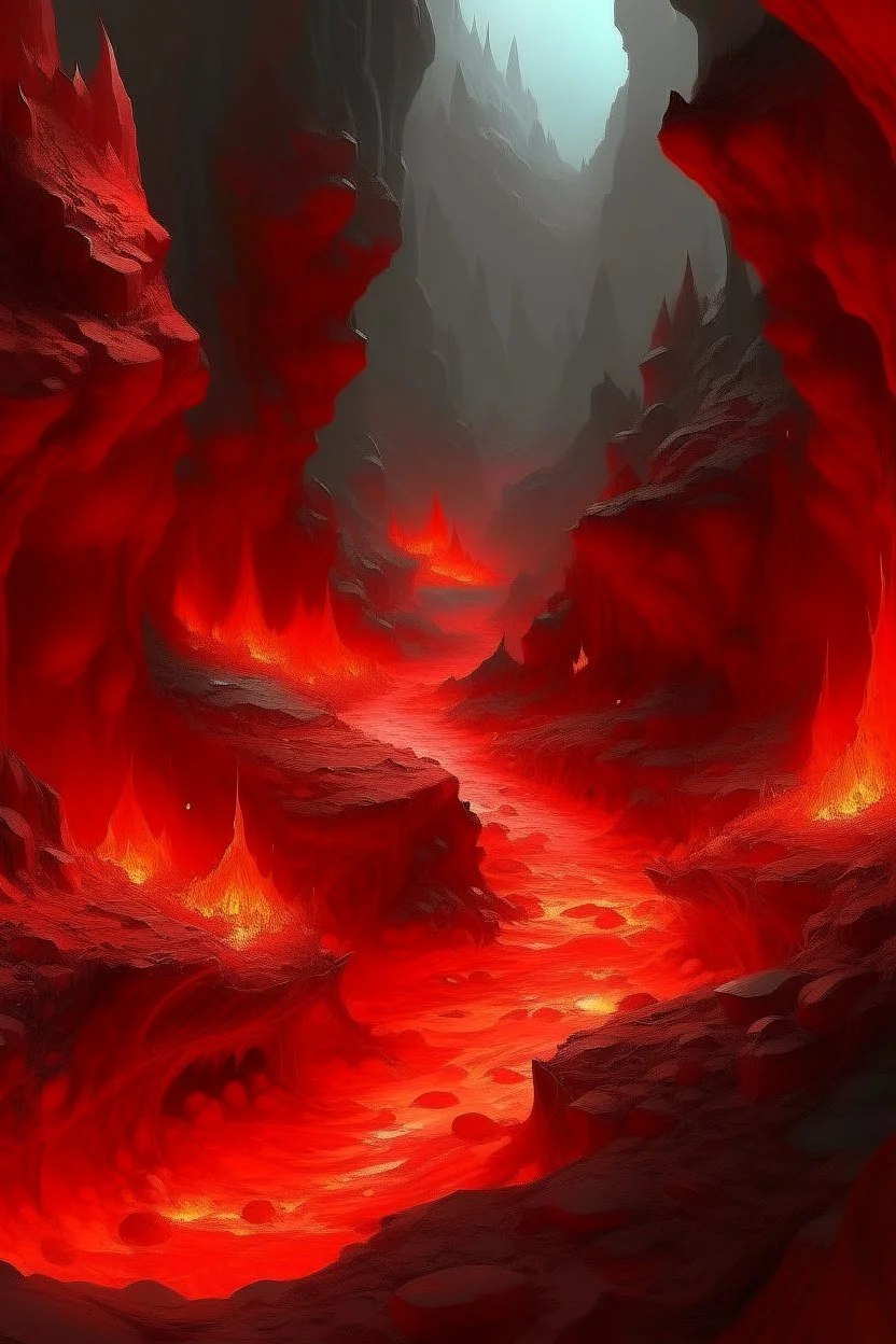Light red lava caverns painted by Qiu Ying