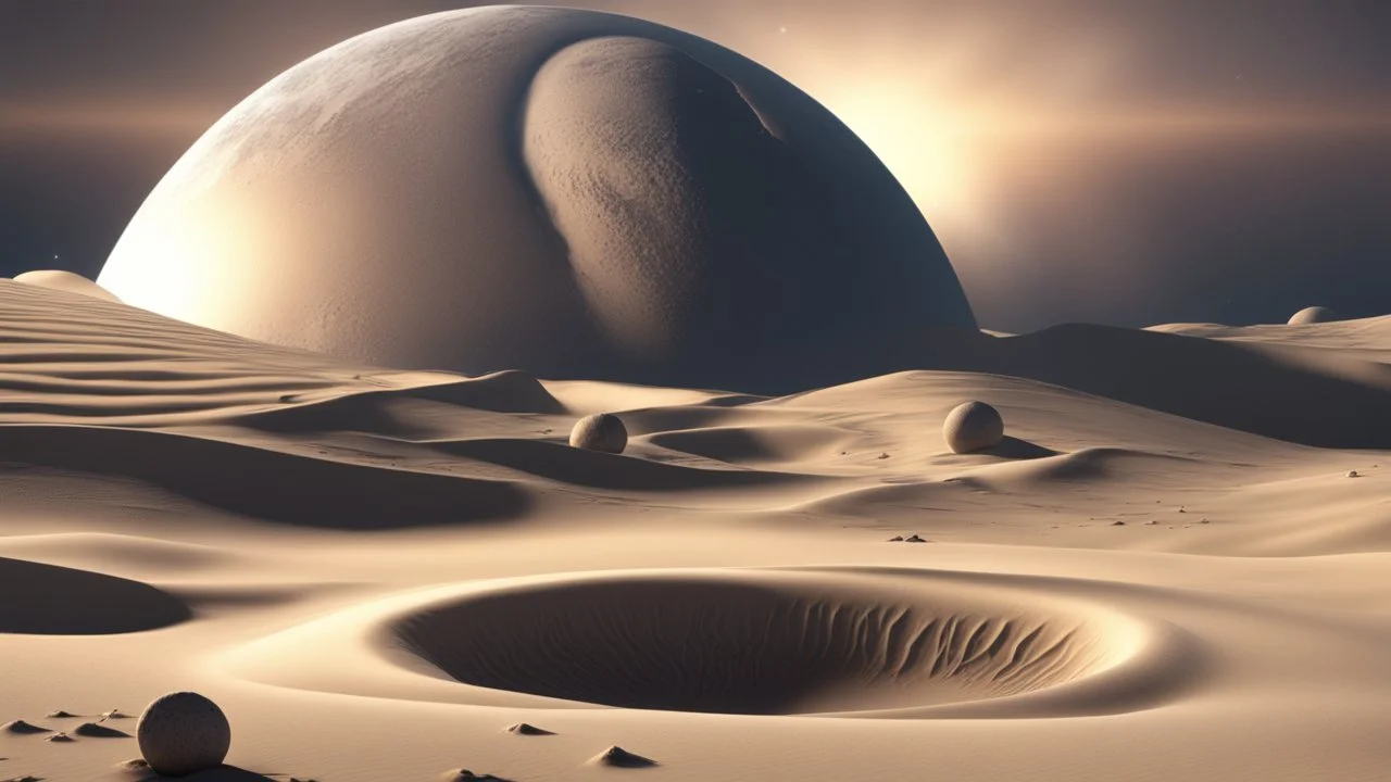 4k, hyper-realistic, Ultra-HD, Ray-tracing, Alien planet, mountainous, Has asteroid belt, milky way, stars, dark, black hole, Sand Worm rising from dunes, creatures, based on Dune by Frank Herbert