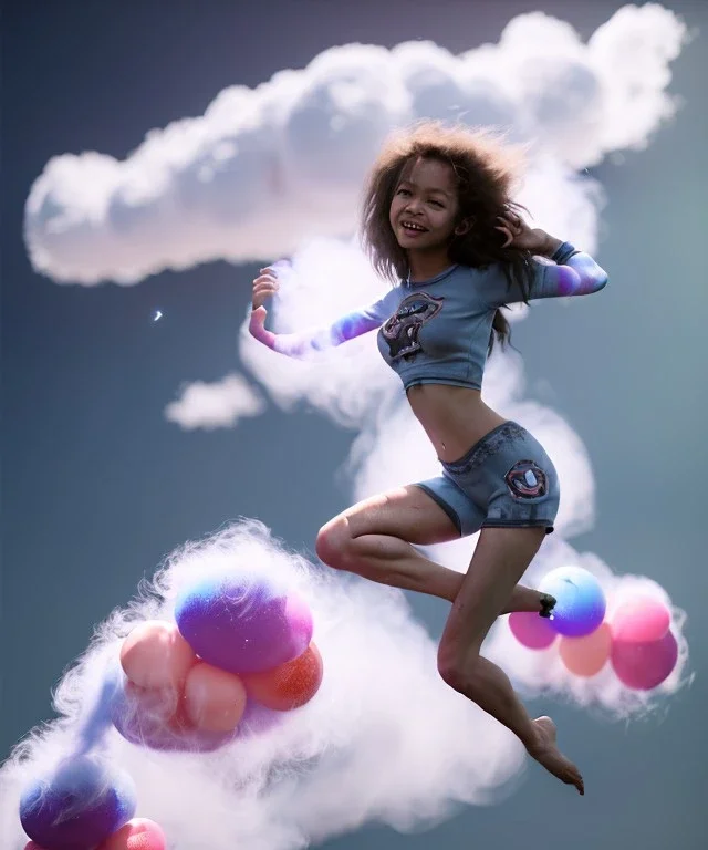 Ultra realistic clouds sky scene, wide angle, medium shot view, color smoke fog, portrait, sweet Childs, free jumping flying, trinkets, monster hair, hair monster, jelly beans, balls, smile, happy, circus style, inflatable color clothing, extreme, wind, clouds sea, 20,000 feet altitude, stratosphere, soft color, highly detailed, unreal engine 5, ray tracing, RTX, lumen lighting, ultra detail, volumetric lighting, 3d, finely drawn, high definition, high resolution.