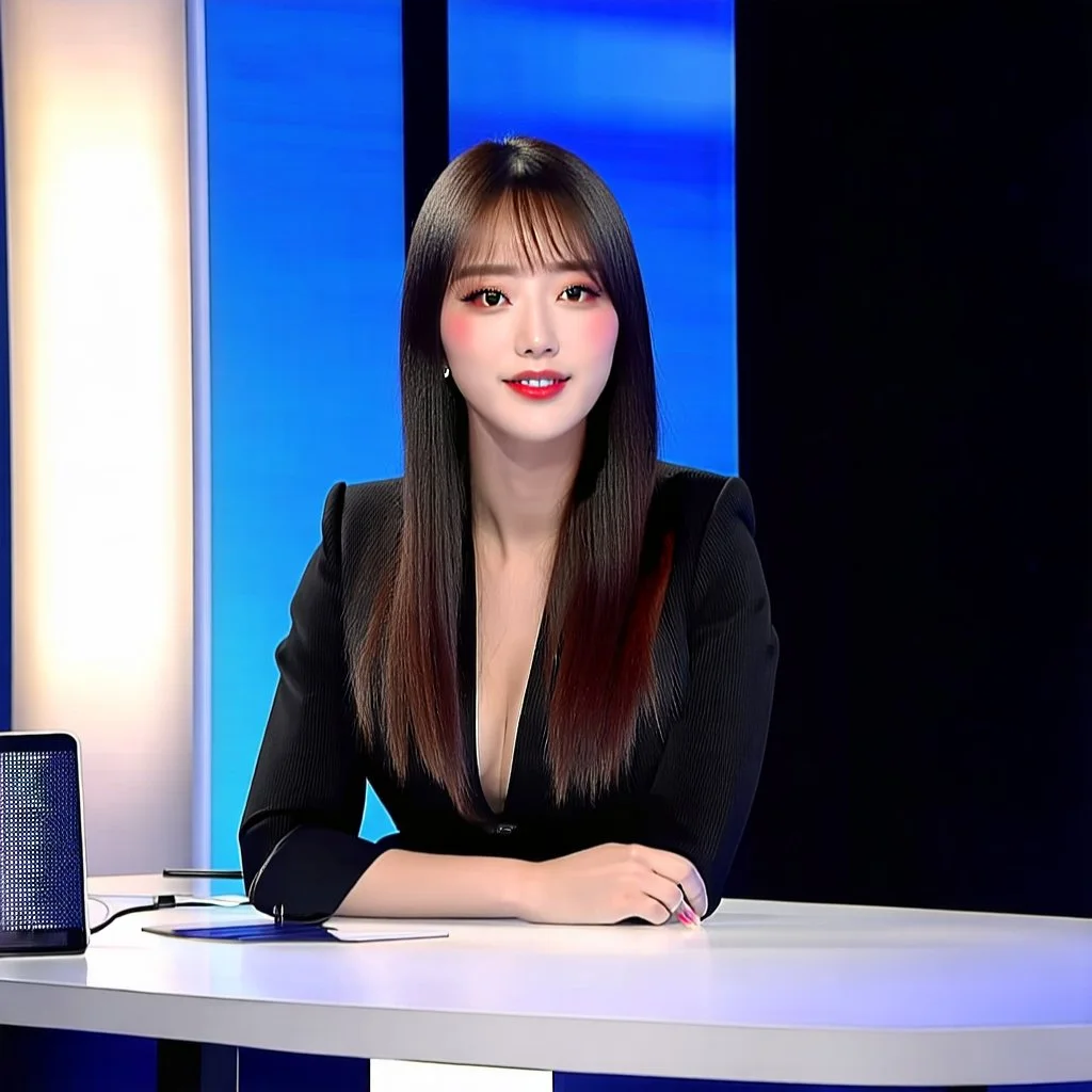 amodern tv studio a beautiful girl perfect face sitting next to desk in talk show looking at camera