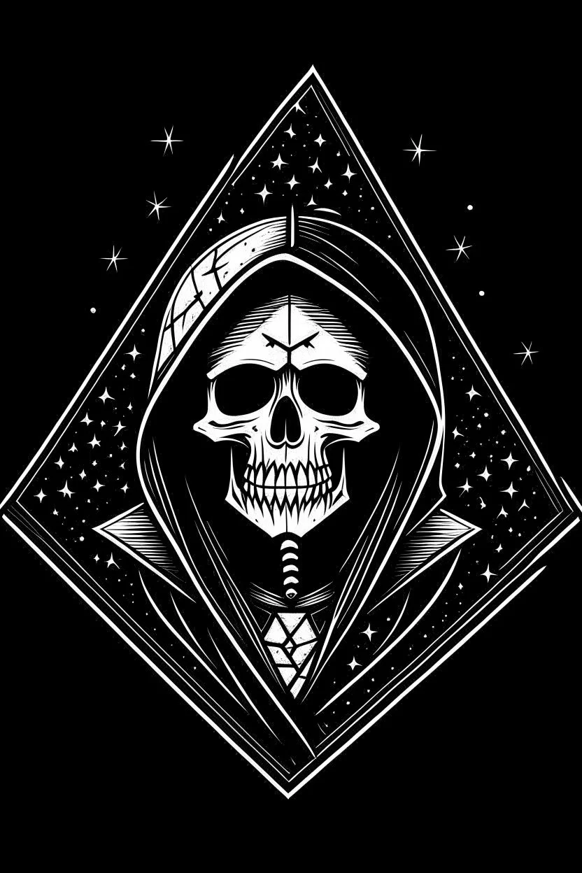 skeleton in a black hooded cloak drawn in a retro kid's cartoon style, inside a light diamond shape on a black background, monochromatic