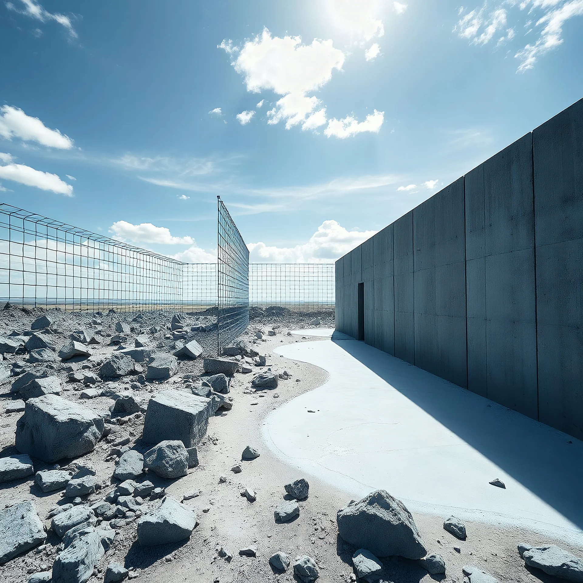 Photograph, wasteland, bright reflective aluminum cover, brutalist concrete, all'aria aperta, rocce, cage, sky, brutalist, liquid, polvere, open air museum style, blue wire, apparecchi elettronici, powder, punto, minimalist, details of the dust very accentuated, deep 3d field