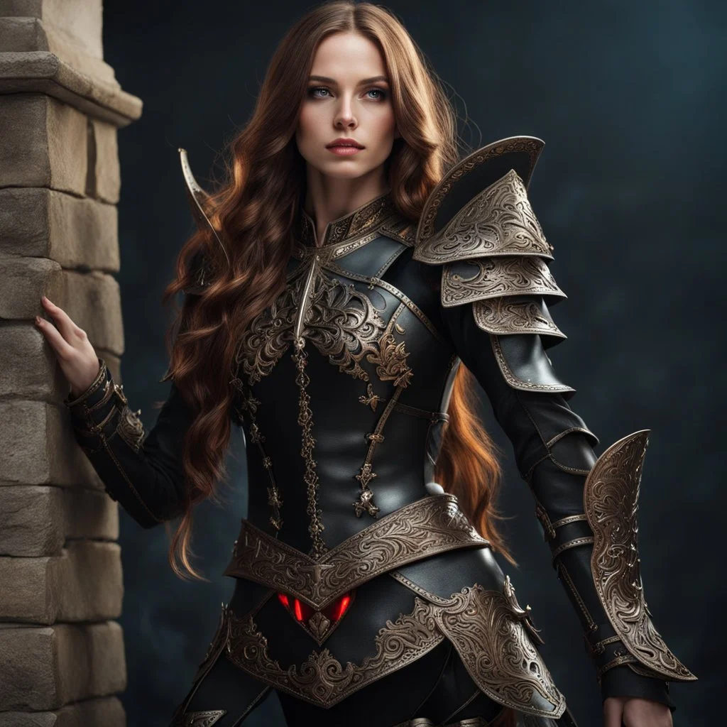 young woman with long brown hair, arrogant red eyes, wearing black leather fantasy armor, detailed, 4k resolution, hd