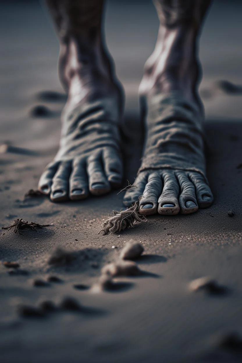 A toes looks dirty filled on the grey dark. Sands and dirt on a sands ground, a big spider crawling on the toes