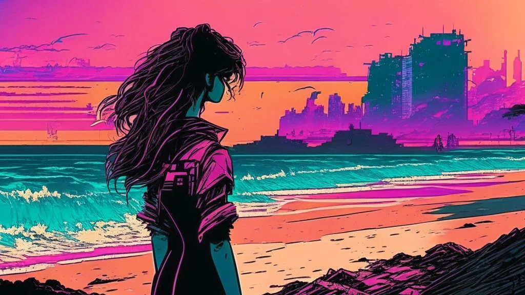 synth-wave beach & city, lone girl, iconic:1.8), comic style