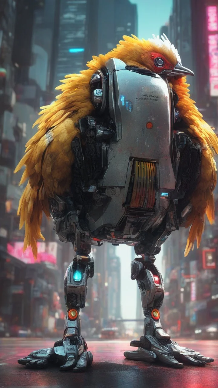 CHICKEN robot, sci-fi, cyberpunk, full body, ultra realistic, virtual reality, cyberpunk city and colors