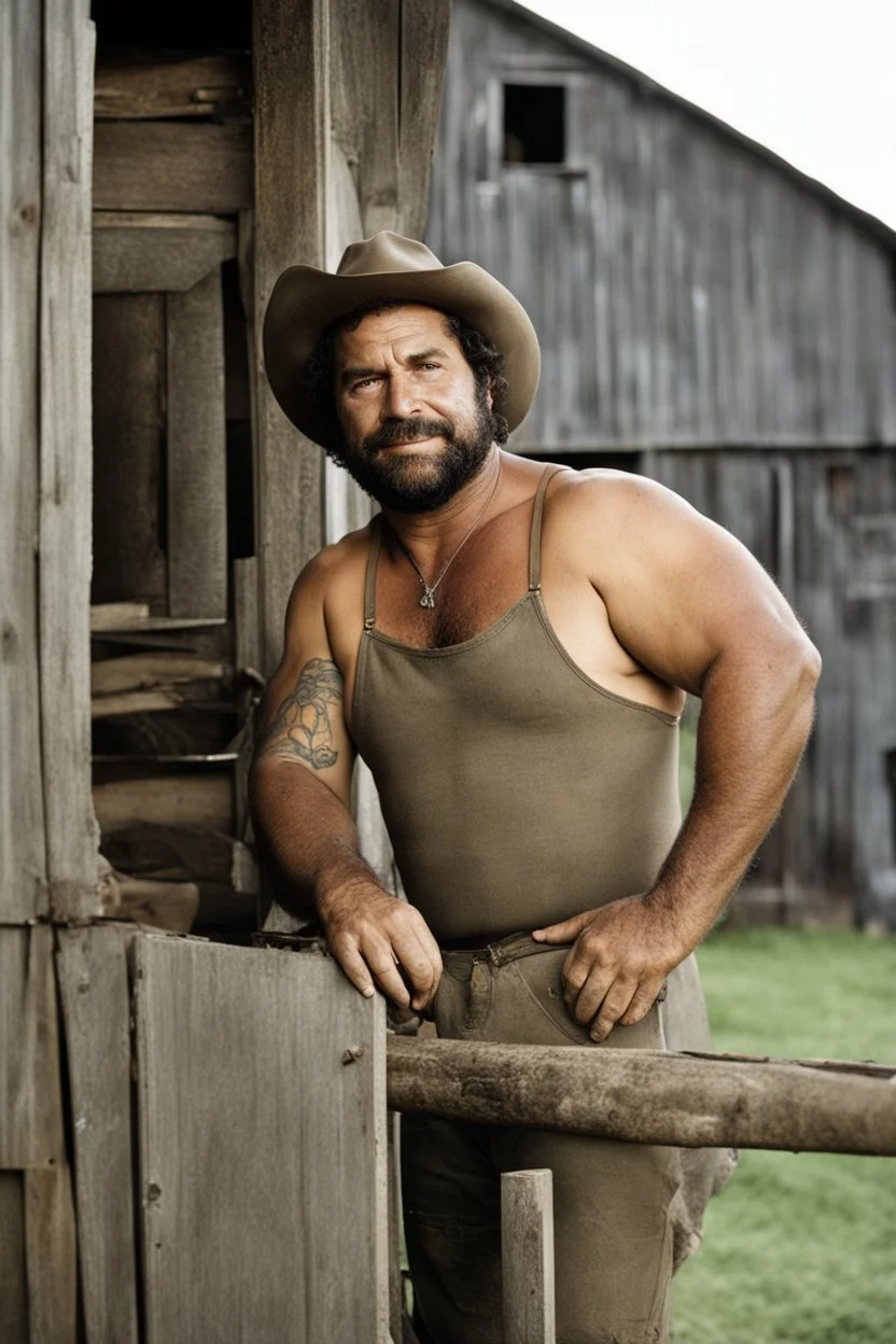 1970's half figure photography of a burly overweight muscular brazilian farmer 44 years old, sweat, short curly hair, short beard, manly chest, tattoo, hand on the fap, shirtless with dirty overalls, on the door of a large barn, under the sun