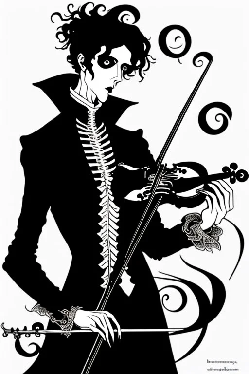 goth male necromancer with black hair playing a violin in the style of Aubrey Beardsley