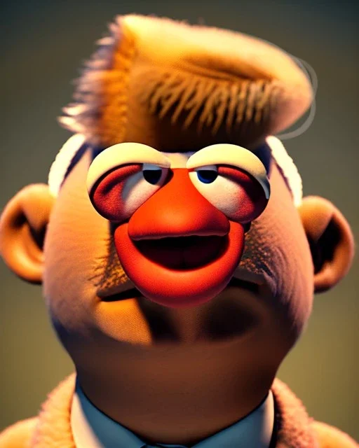 Waist up Portrait, Donald trump muppet, Sesame Street style, retro style, photo studio, unreal engine 5, god lights, ray tracing, RTX, lumen lighting, ultra detail, volumetric lighting, 3d.