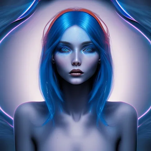 femme,cheveux bleu,barrettes à cheveux,yeux bleus,peau bleau,combinaison spatiale,lumière