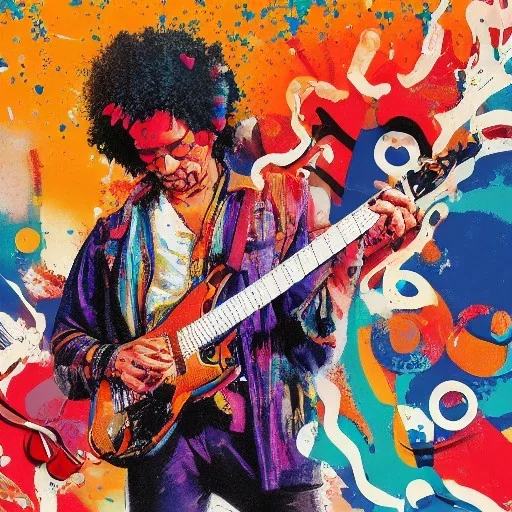 a realistic portrait of Jimi Hendrix at a turntable with headphones on being a DJ, vivid color, with sunglasses