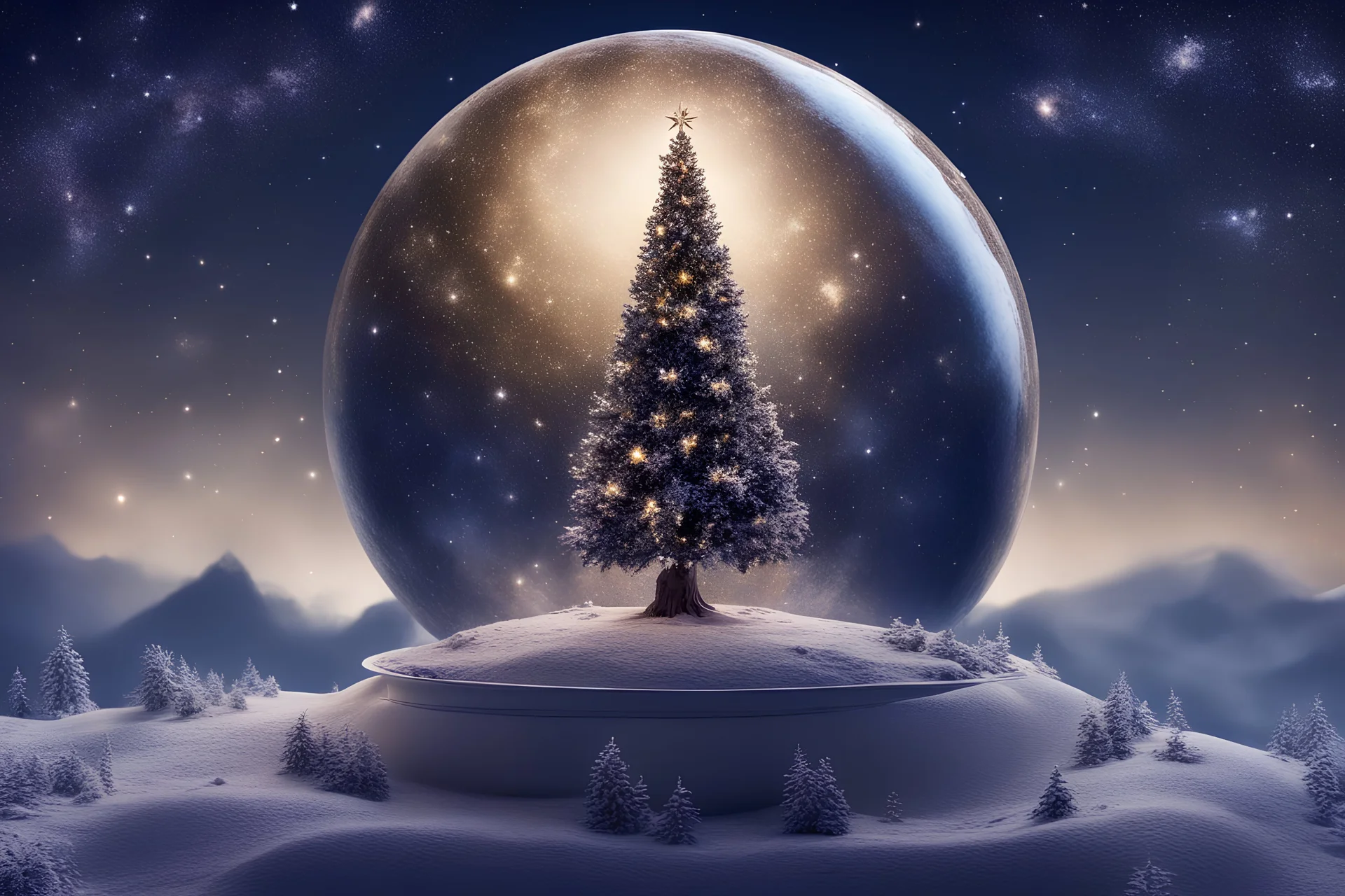 decorated Christmas tree standing in the universe on the globe of the planet Earth like little prince against a background of breathtaking stars