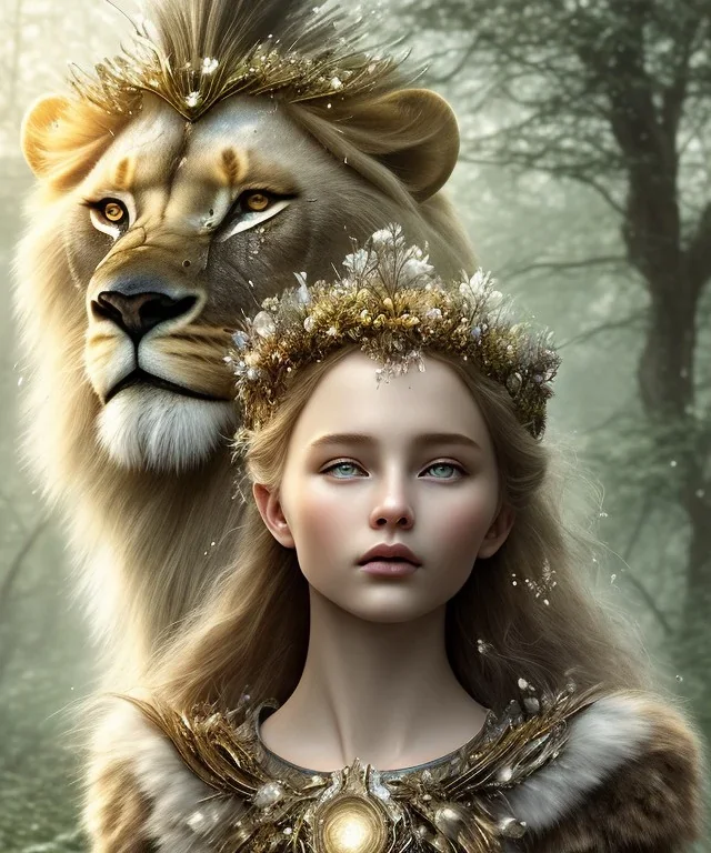 Young beautiful girl with floral crown standing next to a majestic, stunning lion on nature forest path, Chronicles of Narnia, 8k resolution, high-quality, fine-detail, iridescent, intricate, digital art, detailed matte, volumetric lighting, beautiful, illustration, 3D octane render, brian froud, howard lyon, selina french, anna dittmann, annie stokes, lisa parker, greg rutowski,