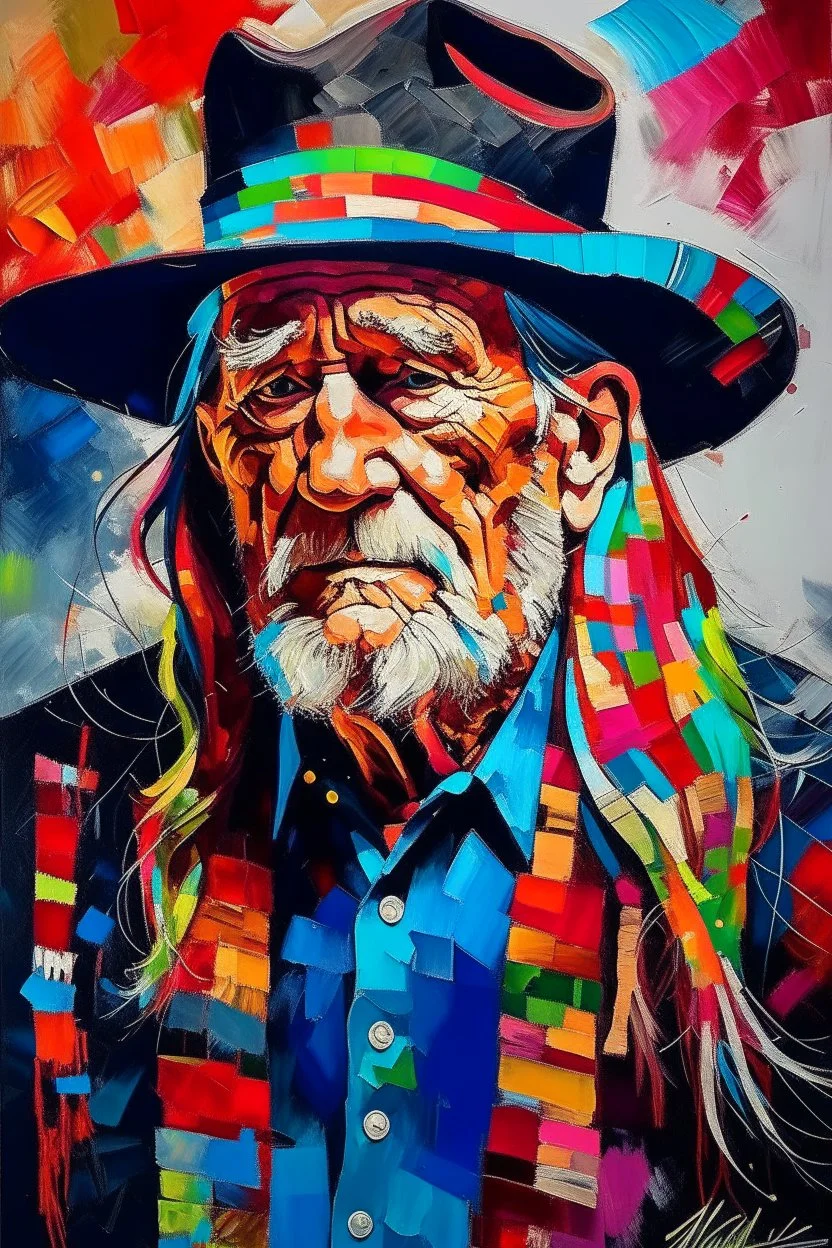 captivating conceptual painting of the iconic rock star, Willie Nelson, rendered in a vibrant and abstract art style. The background is a swirling, chaotic mix of artistic strokes that evoke a sense of rebellion and energy. The overall composition is a celebration of creativity, movement, and the essence of rock 'n' roll., vibrant, painting, conceptual art