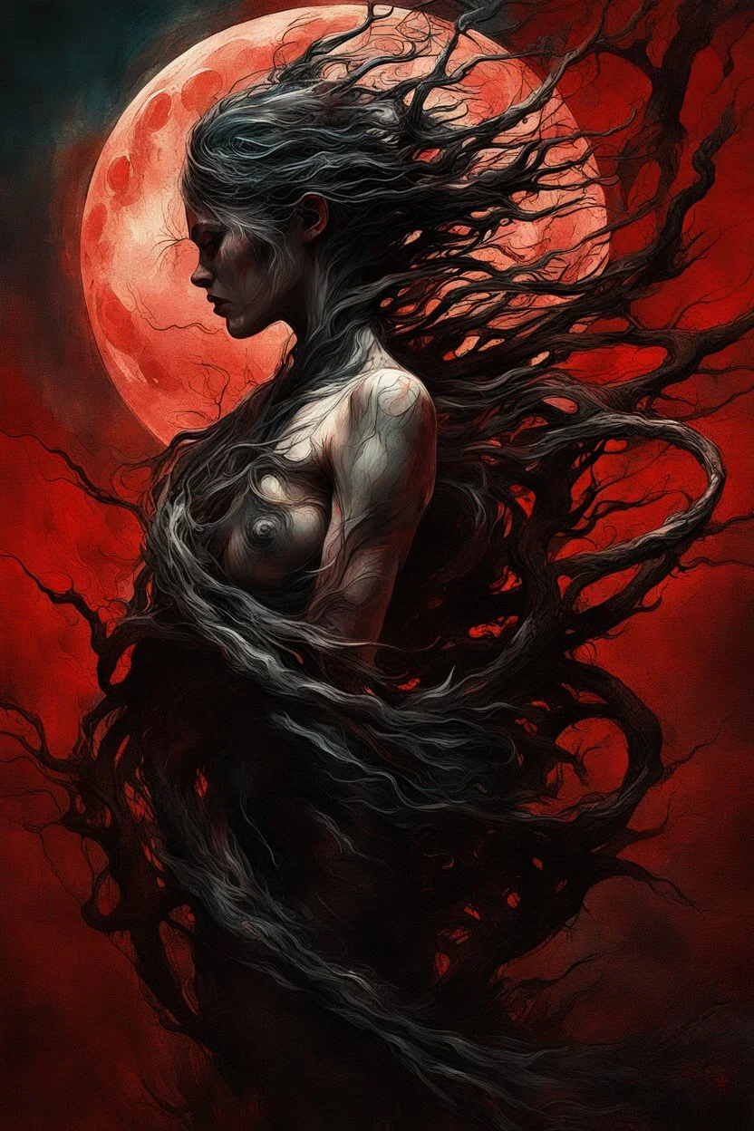 A dramatic digital painting portraying a figure under the Red Moon, veins pulsing, claws of temptation visible, soul in turmoil. In the style of Giger and Salvador Dali and Van Gogh, vivid colors, swirling brushstrokes, highly detailed, 8k resolution, surrealistic., by Ryohei Hase, Agnes Cecile, Raymond Swanland, Anne Bachelie