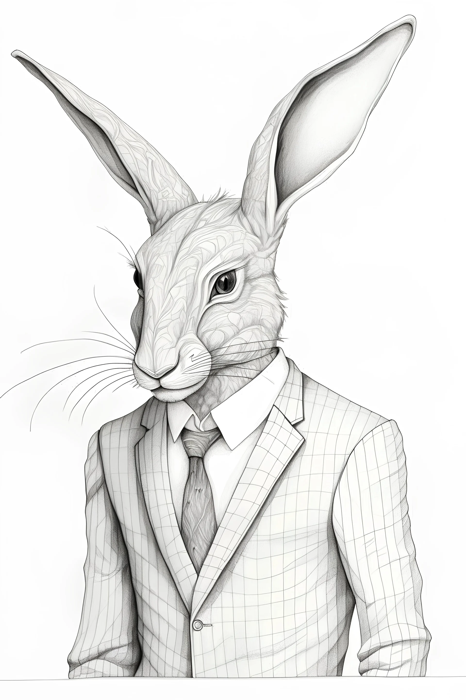 pencil drawing of anthropomorphic animal, fine lines, minimalistic, negative space, black and white, realistic details