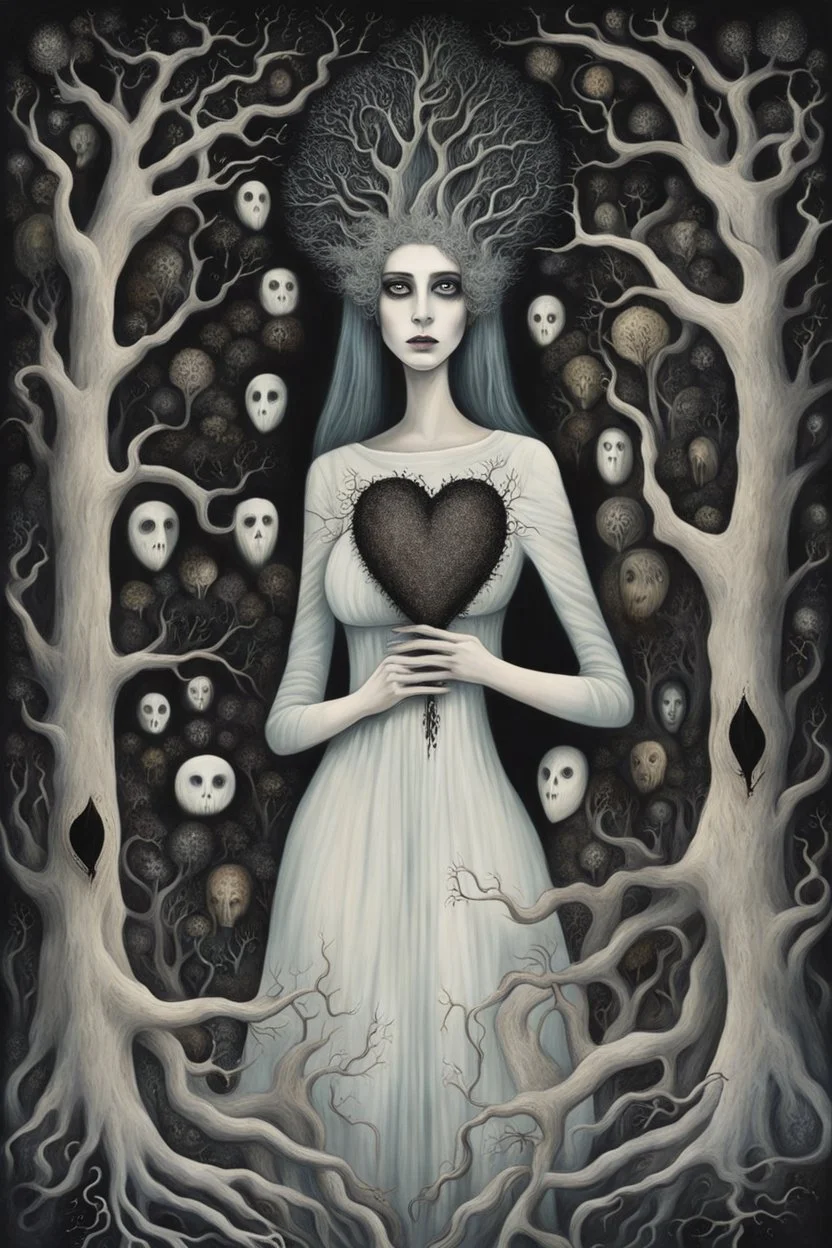 A painting depicting a surreal ghostly woman with ghostly white skin in Tim Burton style, high details, surrounded by various strange mystic trees. Her eyes are close open, and her is long messy dark hair. she holding a black heart, adding a unique surreal and sinister style to the artwork, etheral, weird plants, otherworldly, dark mood