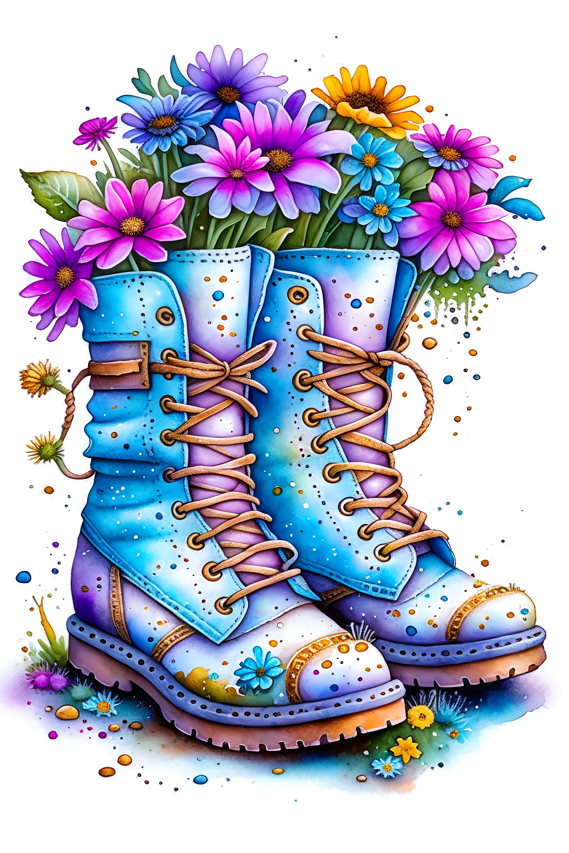 old hiking boots as planters, whimsical mouse looking boots as home, boots filled with colorful flowers, cloyingly sweet and poignant, shabby chic, in the style of Jean-Baptiste Monge, James Gurney, pre-Raphaleite vibe. extremely detailed intricate vibrant very attractive beautiful dynamic lighting high definition crisp quality very cute watercolor sparkling coherent graceful Delicate soft pastel colors, sky blue background. in the style of Leonid Afremov. Masterpiece.