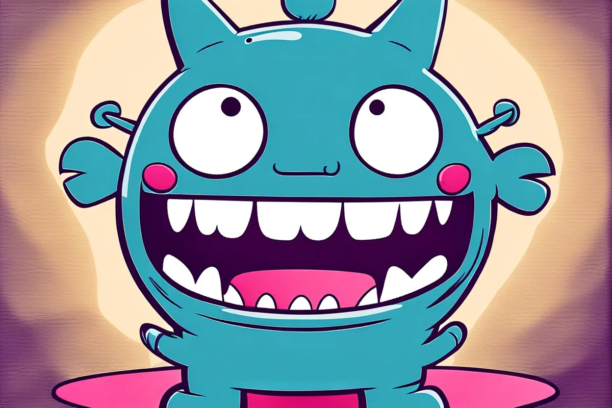 closeup on face of uglydoll cute character with big toothy grin, peculiar character style