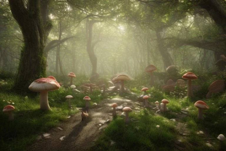 enchanted forest, rabbits, squirrels, mushroom, fairies