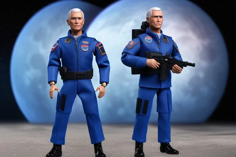 Mike Pence as G.I. Joe toy Doll figure With a pistol space force Blue fabric uniform, black Moonboots, spaceship