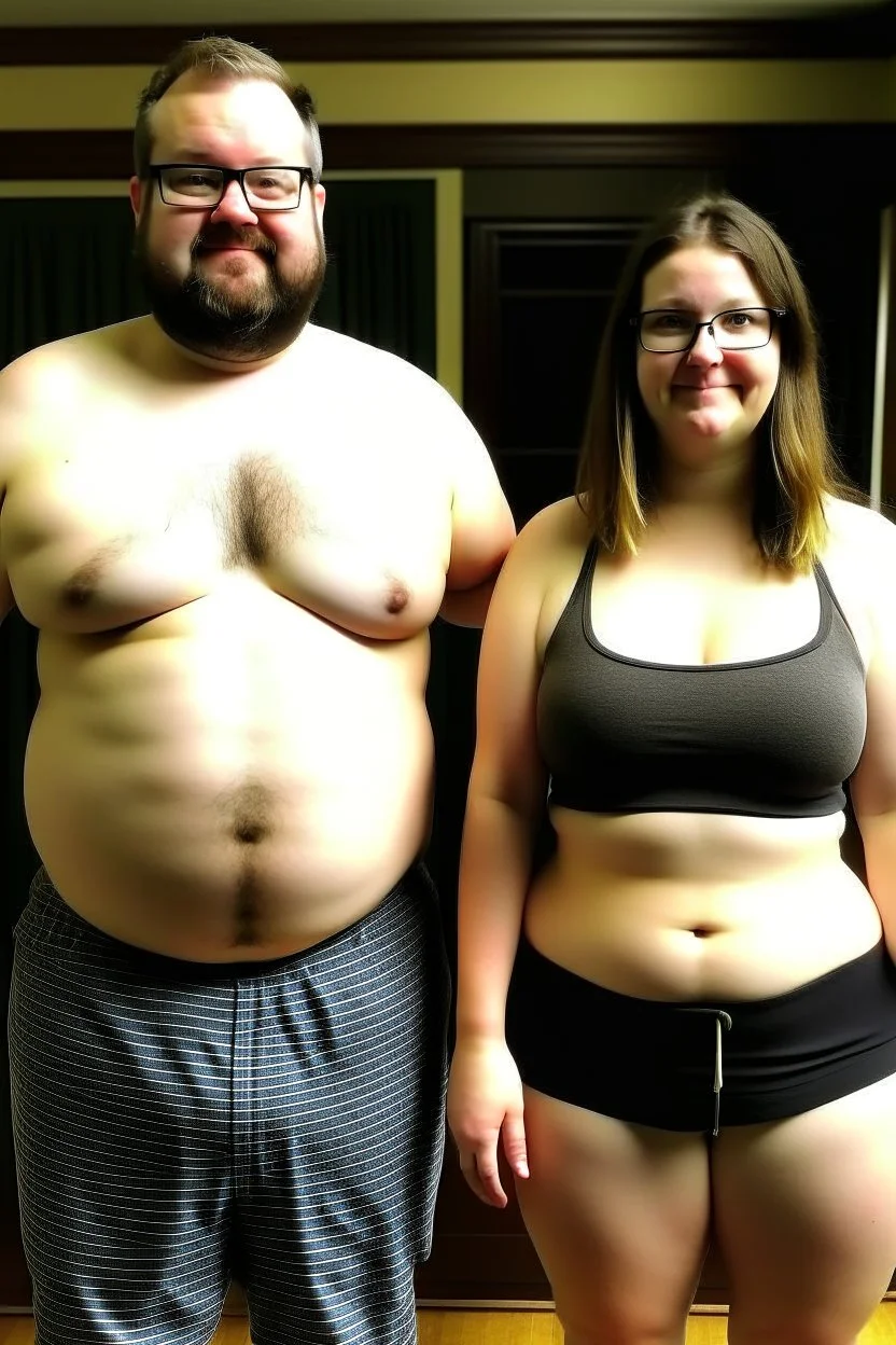 make a skinny fat guy with glasses and a women body