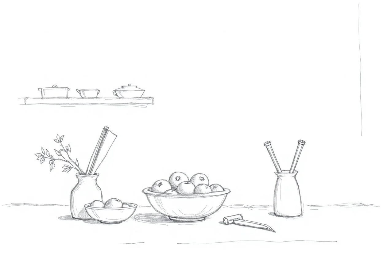 Minimalist outline of a kitchen still life in pencil in the style of the sketches of Van Gogh