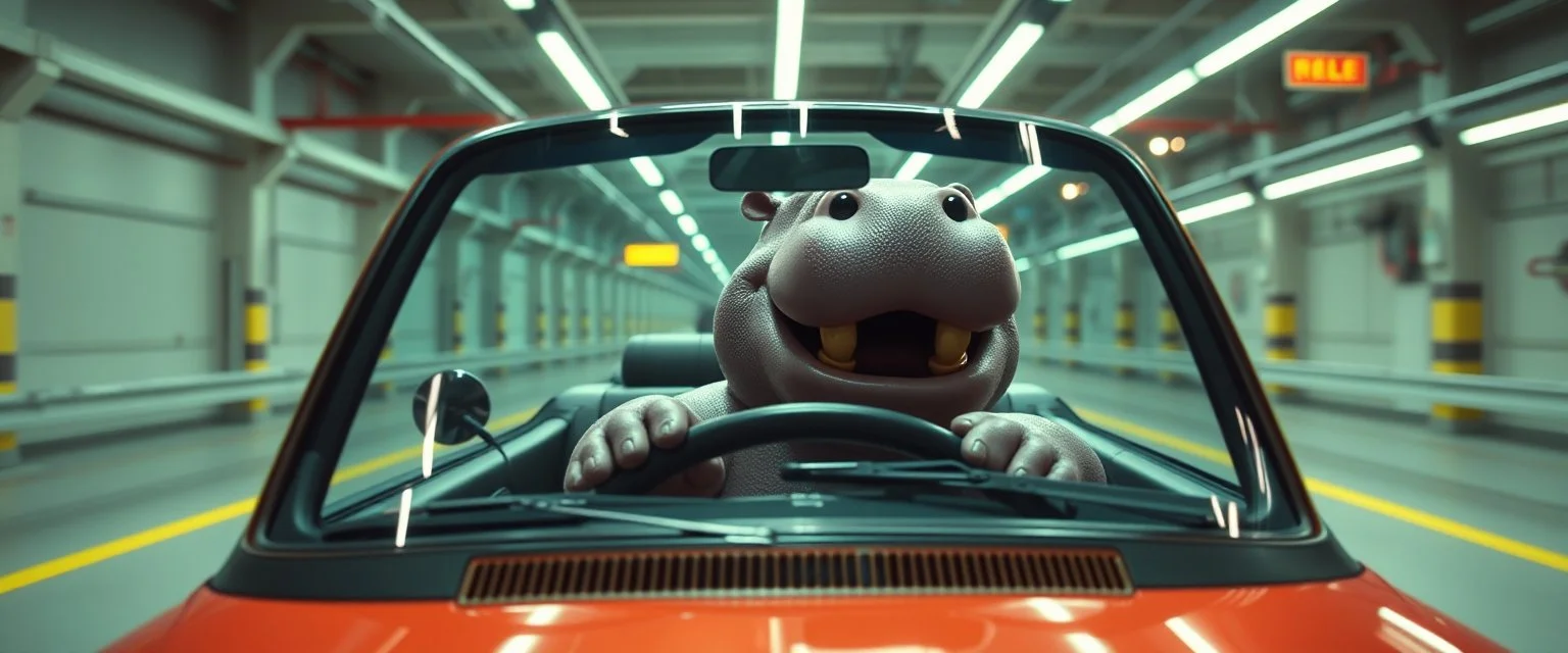 car driving happy 2d neon fluffy hippo scumbag in the style of Escher and Giger and Fallout 4, pinhole cam, airbrush 3d rendering, on tv screen:A five-second cinematic single take in a clean industrial presentation hall.