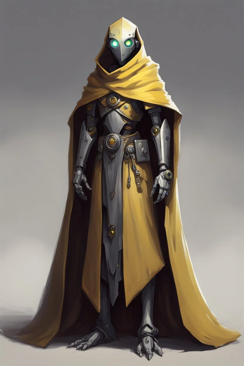 slim robot, dungeons and dragons, yellow eyes, wearing cloak