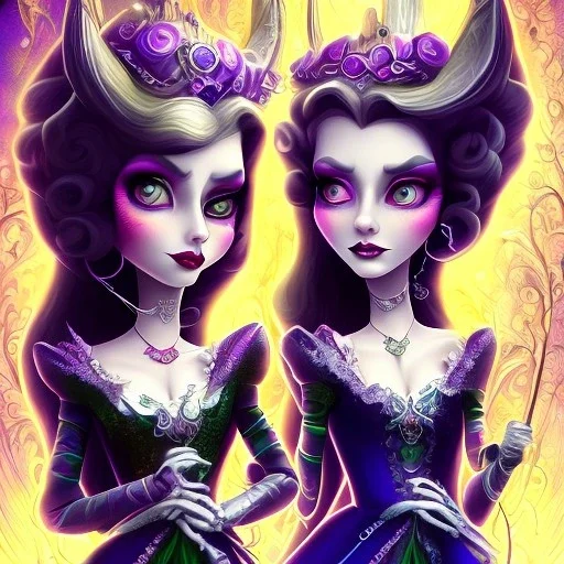 extrem tim burton style of the evil stepsisters, sharp focus, beautiful eyes