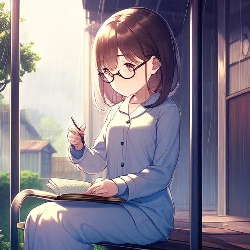 anime girl sitting on a porch swing of an old house, journaling, wearing pajamas,sitting next to a cup of coffee, writing in a book, shes watching it rain, more detail on hands and her face,shes deep in her thoughts, wearing glasses, rain drops